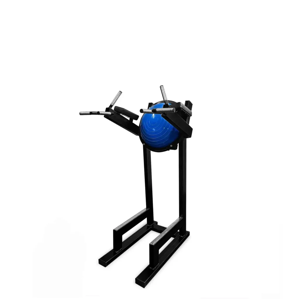 black dip station featuring a blue exercise ball integrated into the backrest, with padded arm supports and metal handles, designed for fitness and strength workout routines, includes leg raises, dips, and core exercises.