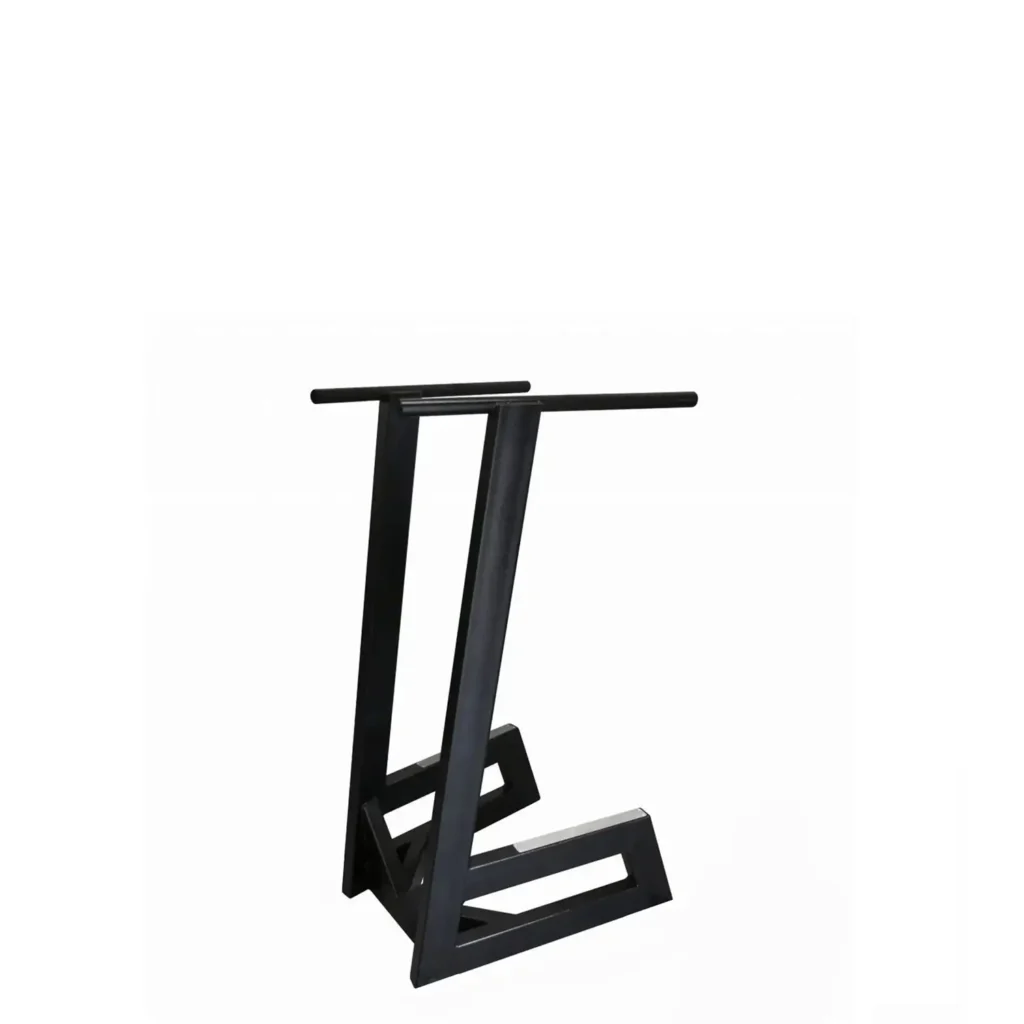 Angled view of a black dip station constructed with heavy-duty metal, designed for fitness and strength workout routines, including tricep dips, L-sits, and bodyweight training at home or the gym.