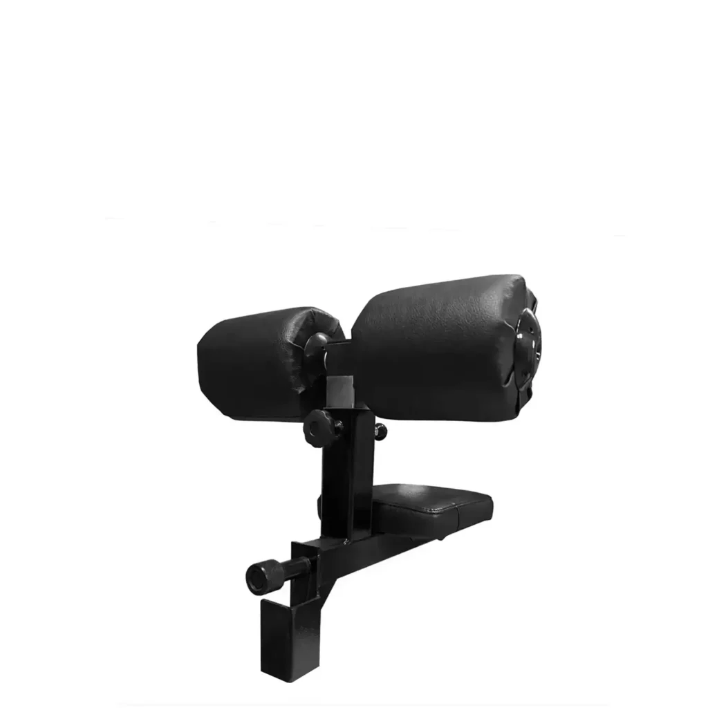 Close-up of a black adjustable rack-mounted seat with thick black cushioning. The steel attachment system ensures a firm grip on the power rack, making it ideal for exercises requiring seated support.