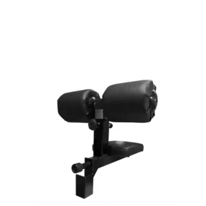 Close-up of a black adjustable rack-mounted seat with thick black cushioning. The steel attachment system ensures a firm grip on the power rack, making it ideal for exercises requiring seated support.