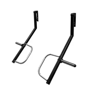 A pair of black gym equipment jammer arms designed for power rack attachment. The sturdy steel arms feature chrome handles and weight plate pegs, providing a secure setup for controlled pressing and explosive strength training exercises.