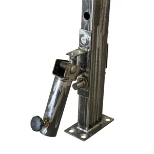 Close-up of a gym equipment landmine attachment mounted on a sturdy steel base. The chrome-plated design features a pivoting tube with a locking knob, allowing for secure barbell positioning and smooth multi-angle movement for strength training exercises.
