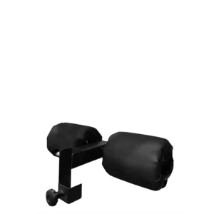A black gym equipment leg hold-down attachment with padded cylindrical rollers. The adjustable clamp design allows secure attachment to a power rack or workout bench, providing stability during leg exercises like lat pulldowns and sit-ups.
