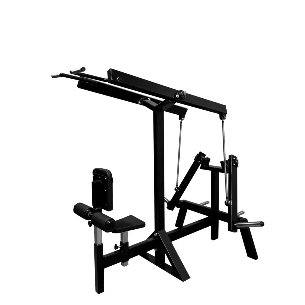 A side view of a professional lat pulldown gym machine showcasing its robust steel frame and high-quality construction. The machine is for upper body training, with a smooth cable movement system, adjustable seat height, and weight plate holders for customized resistance levels.