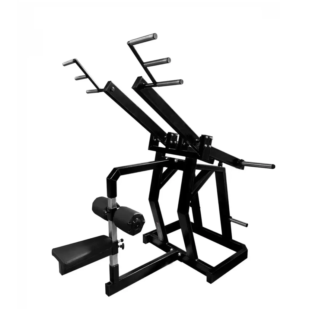 A professional-grade seated row gym machine with a striking red steel frame designed for building back strength. This gym machine features dual-angled handles with knurled grips for multiple grip positions, ensuring effective muscle engagement. The adjustable padded seat and thigh support provide comfort and stability during workouts. The plate-loaded system allows for customizable resistance, making this gym machine ideal for progressive strength training. Built with heavy-duty construction equipment suitable for commercial and home gyms.
