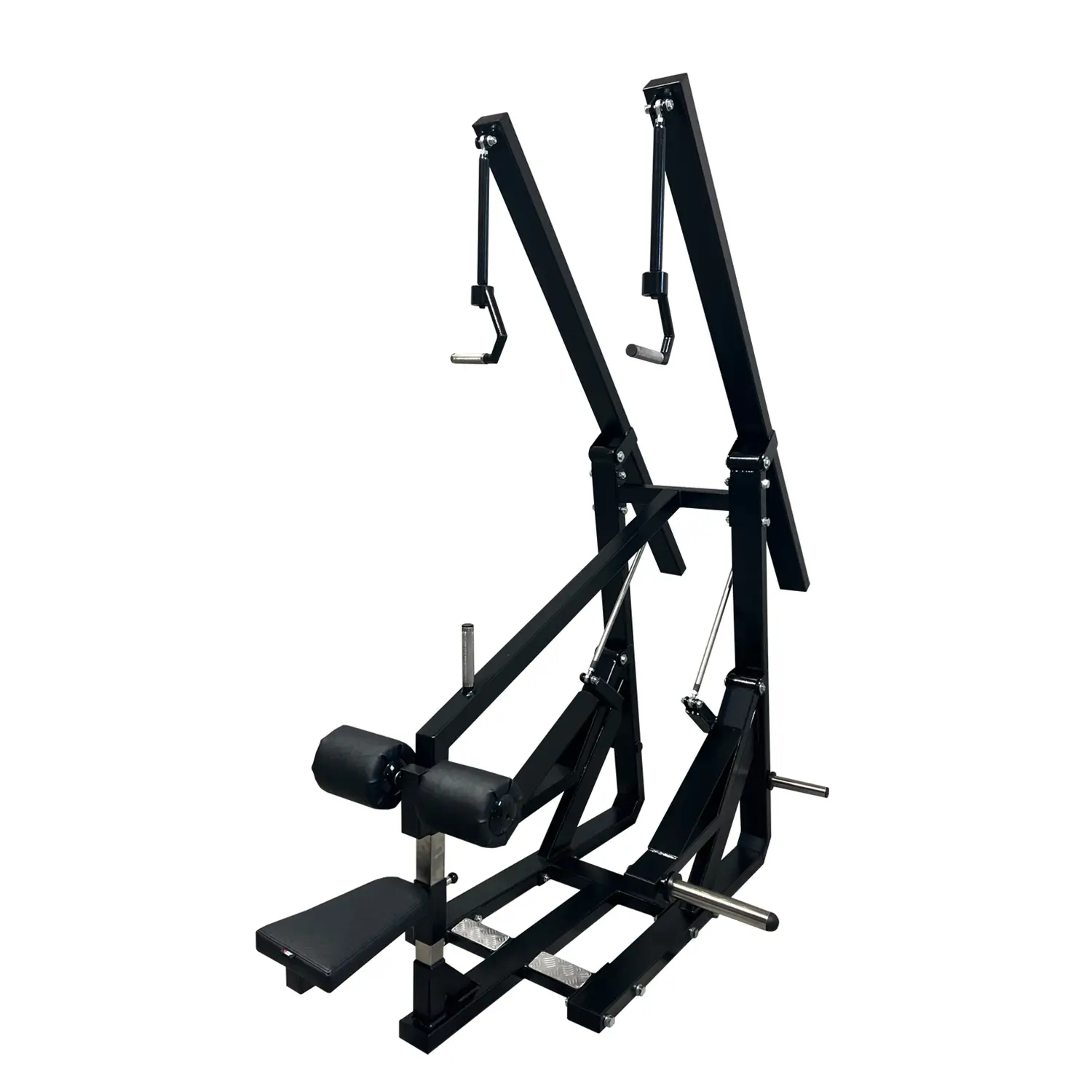 Side view of a professional lat pulldown machine for upper body strength training. The black steel frame is built for durability, featuring an adjustable seat with padded support for comfort. The dual cable pulleys provide smooth movement, while the plate-loaded weight system allows for customizable resistance. This gym machine targets back and shoulder muscles with controlled and effective workouts.