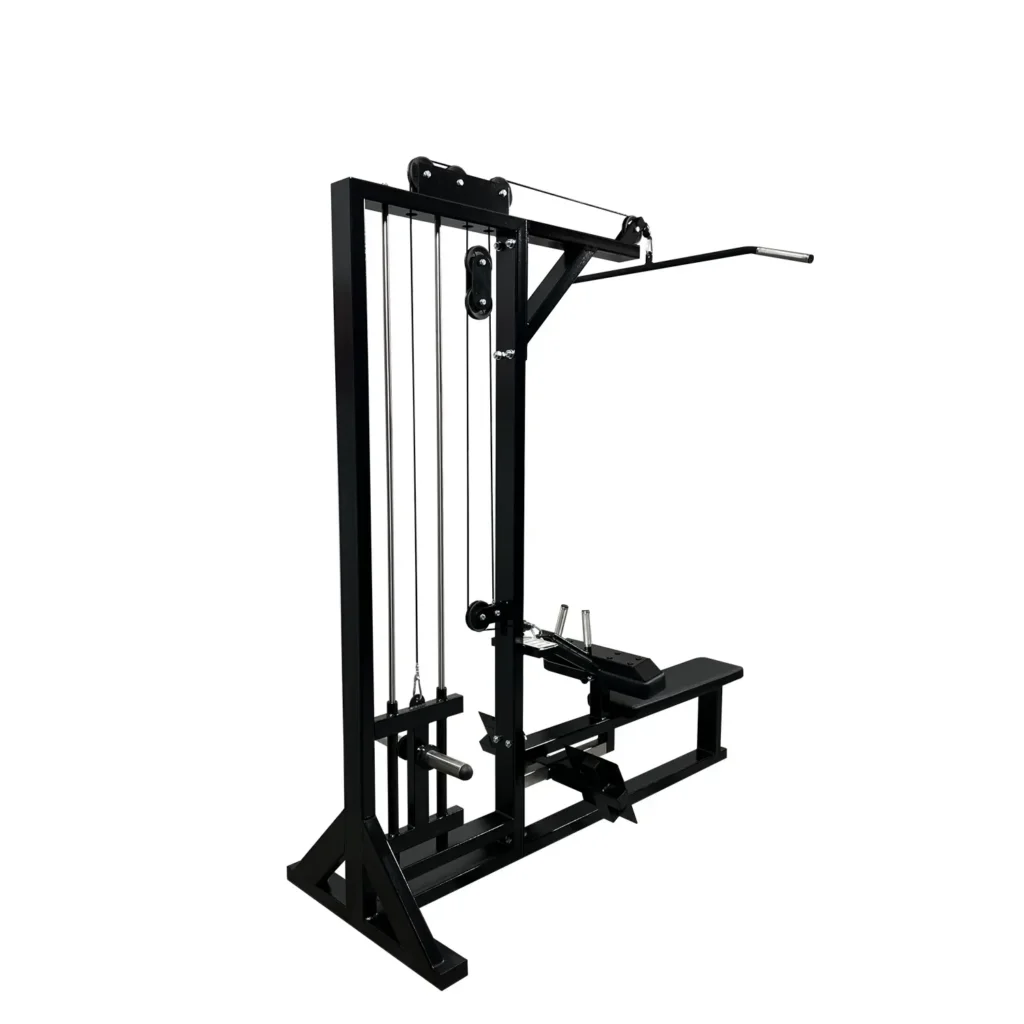 A versatile gym machine combining a lat pulldown and seated row station, designed for upper body strength training. The red steel frame ensures durability, while the black cushioned seat and thigh pads provide comfort and stability during workouts. The overhead pulley system connects to a lat bar with knurled grips, allowing for smooth, controlled motion targeting the back, shoulders, and arms. The extended bench and footplate support seated row exercises, enabling users to build muscle with proper form. With adjustable weight-loading pegs at the back, this strength training machine is ideal for home and commercial gym setups.