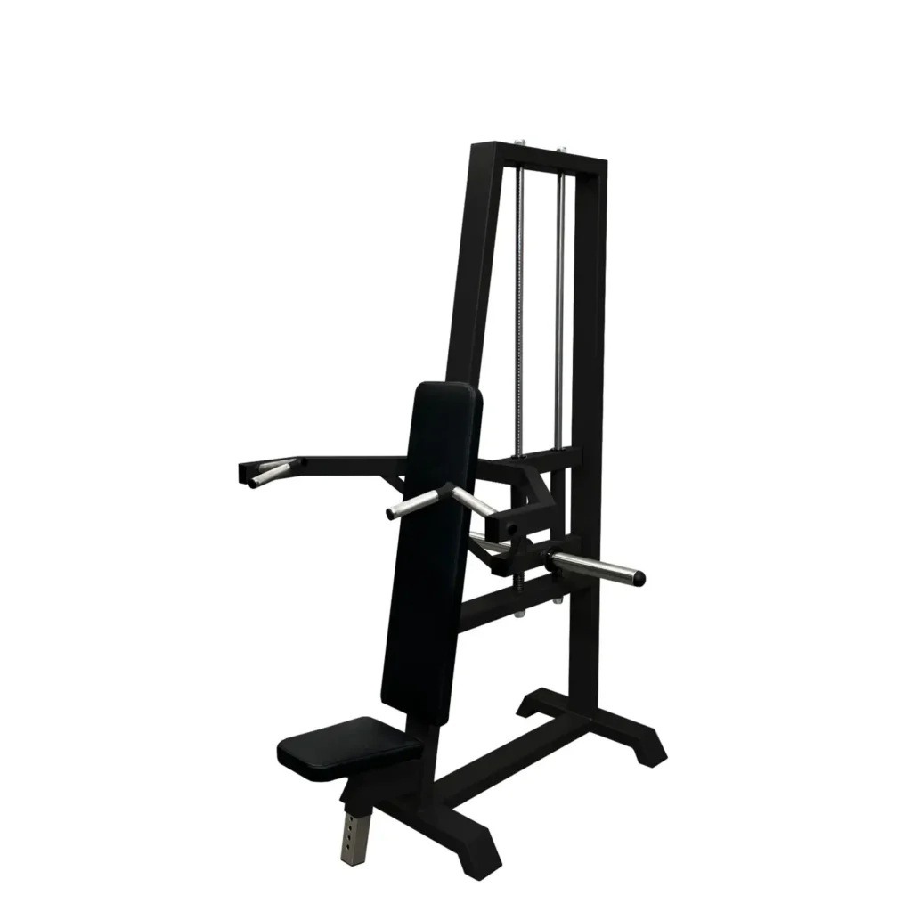A close-up view of the P1XL Shoulder Press Gym Machine's weight-loading system, highlighting the solid steel guide rods and weight plate holders. The gym machine features an efficient plate-loaded mechanism for easy customization of resistance levels. The durable stainless steel components ensure long-lasting performance, making this an excellent equipment for strength training and muscle building.
