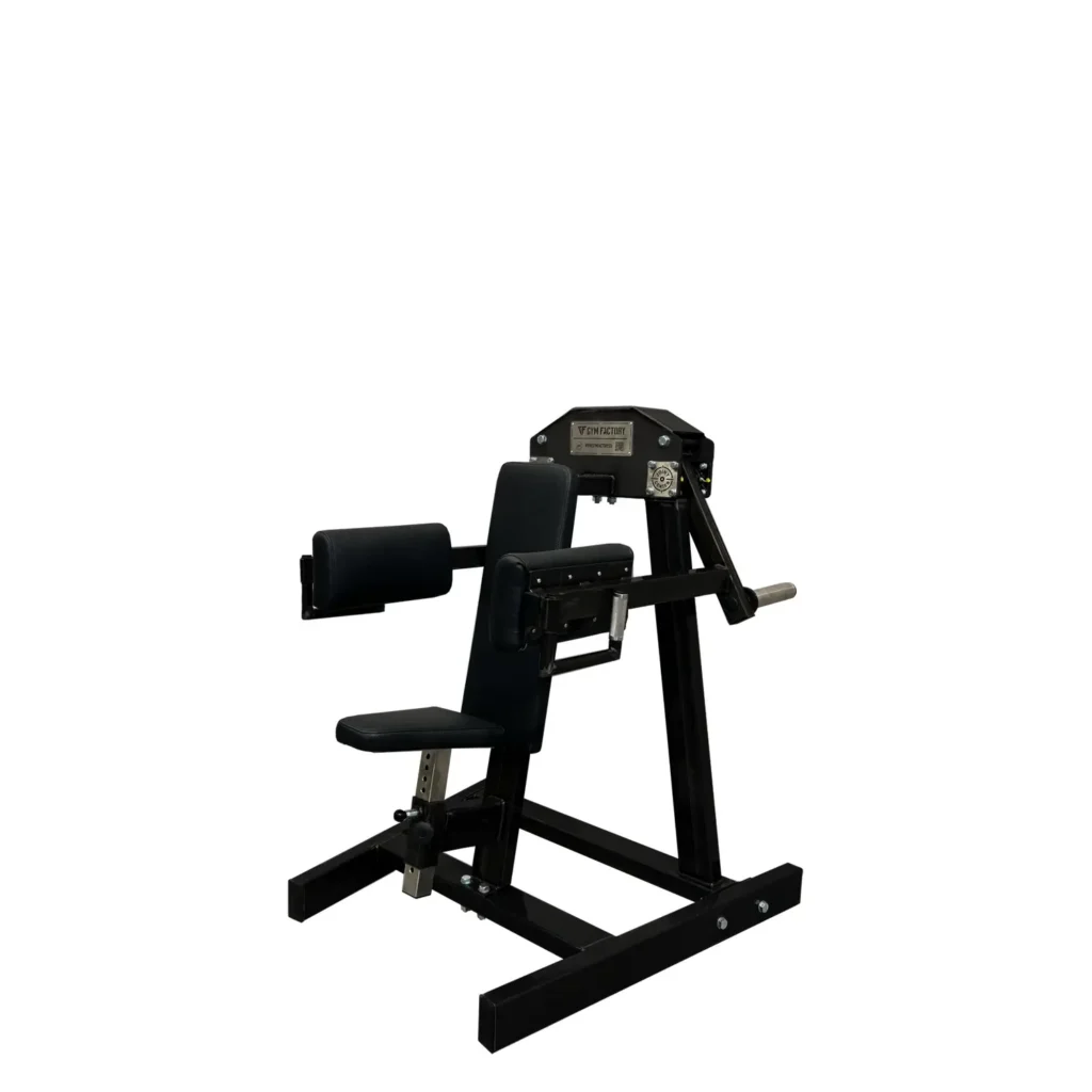 The Gym Machine P4 – Seated Ab Crunch is displayed from the front, highlighting its ergonomic design for core muscle training. The red heavy-duty steel construction supports stability, while the black cushioned arm and back pads offer comfort and support. The handlebars and weighted lever system allow for progressive resistance training, making it a valuable addition to any gym setup for effective abdominal workouts.