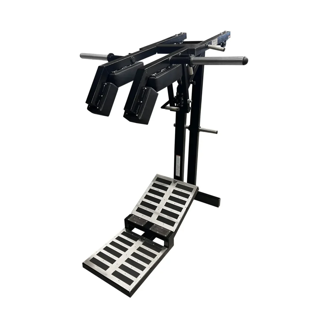 A rear view of the Gym Machine R2 – Squat Machine, emphasizing its reinforced structure and plate-loaded weight system. The ergonomic design and biomechanical movement ensure proper muscle activation, making this gym equipment essential for leg day workouts.