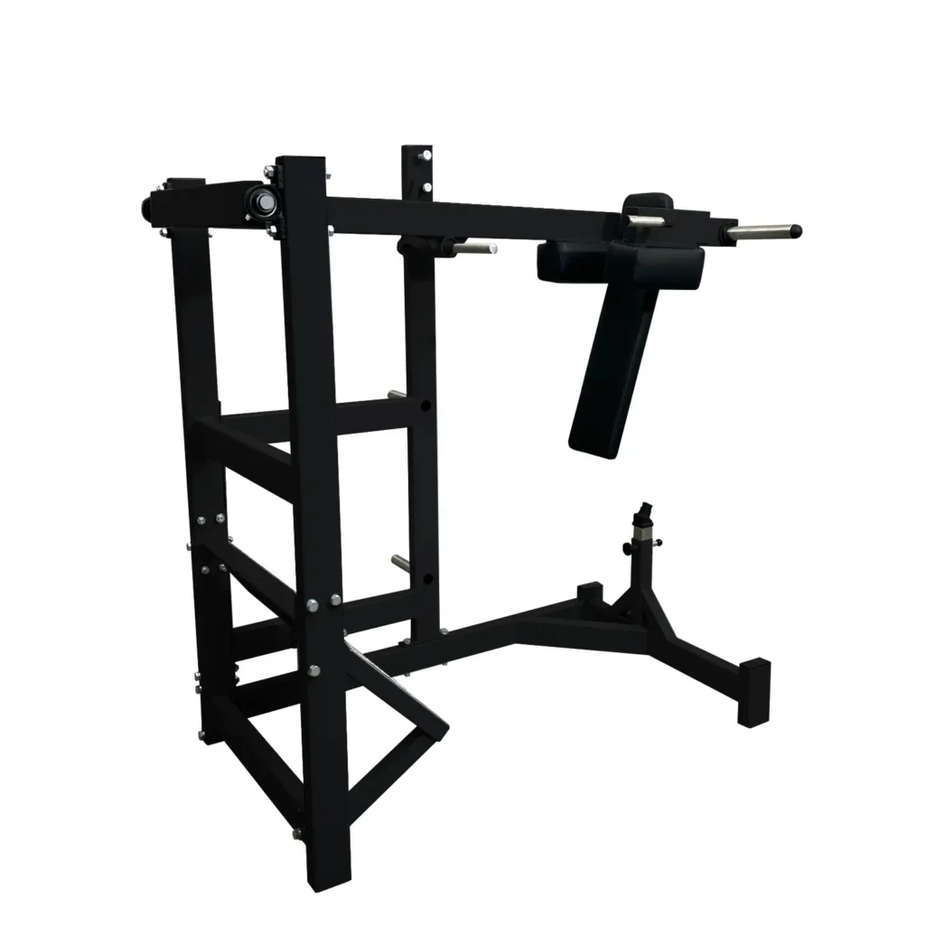 A rear perspective of the Pendulum Squat Machine R3 shows the reinforced frame, pivoting lever arms, and weight plate storage pegs. The angled movement path ensures a smooth, joint-friendly squat motion, reducing strain on the knees while maximizing muscle engagement.