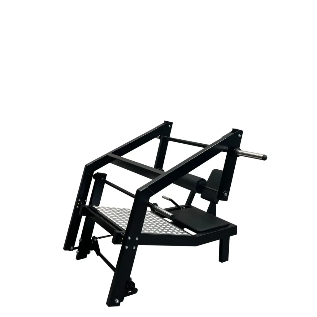 Side view of the Z16X hip thrust gym machine showcasing its heavy-duty black steel frame, padded seat, and adjustable resistance bar. The non-slip foot platform ensures safety during workouts, while the machine’s ergonomic design maximizes glute activation. Ideal for commercial gyms and home fitness setups focused on lower-body strength training.