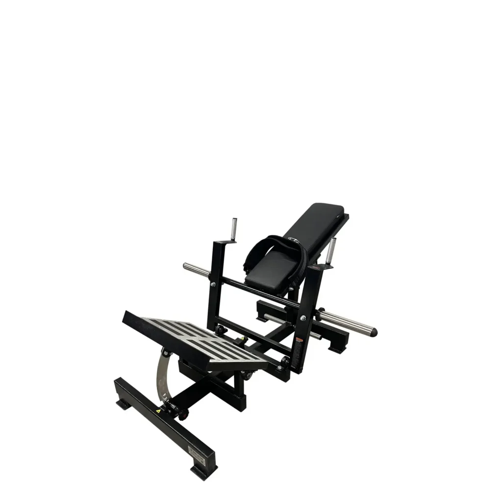 A detailed side view of the Z16XX gym machine designs for lower body and glute training. This professional-grade gym machine features a sturdy steel frame, padded back support, and an elevated foot platform with a textured surface for secure foot placement. The weight-loading pegs allow for customizable resistance, making it ideal for strength training and muscle activation exercises.