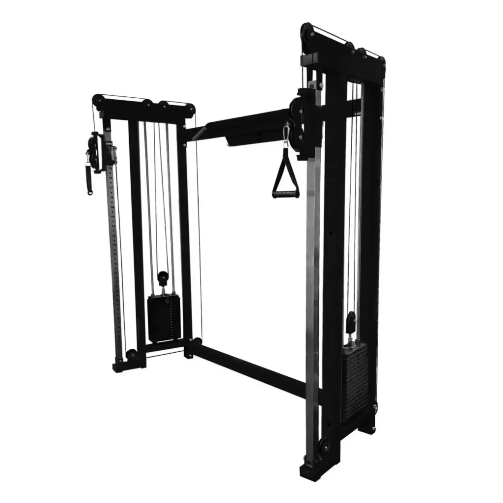 A bright yellow cable crossover gym machine with dual adjustable pulleys and a pull-up bar. The heavy-duty frame supports a variety of strength training workouts, making it a functional piece of fitness equipment for home and commercial gyms. The vibrant color adds a dynamic look to the workout space.