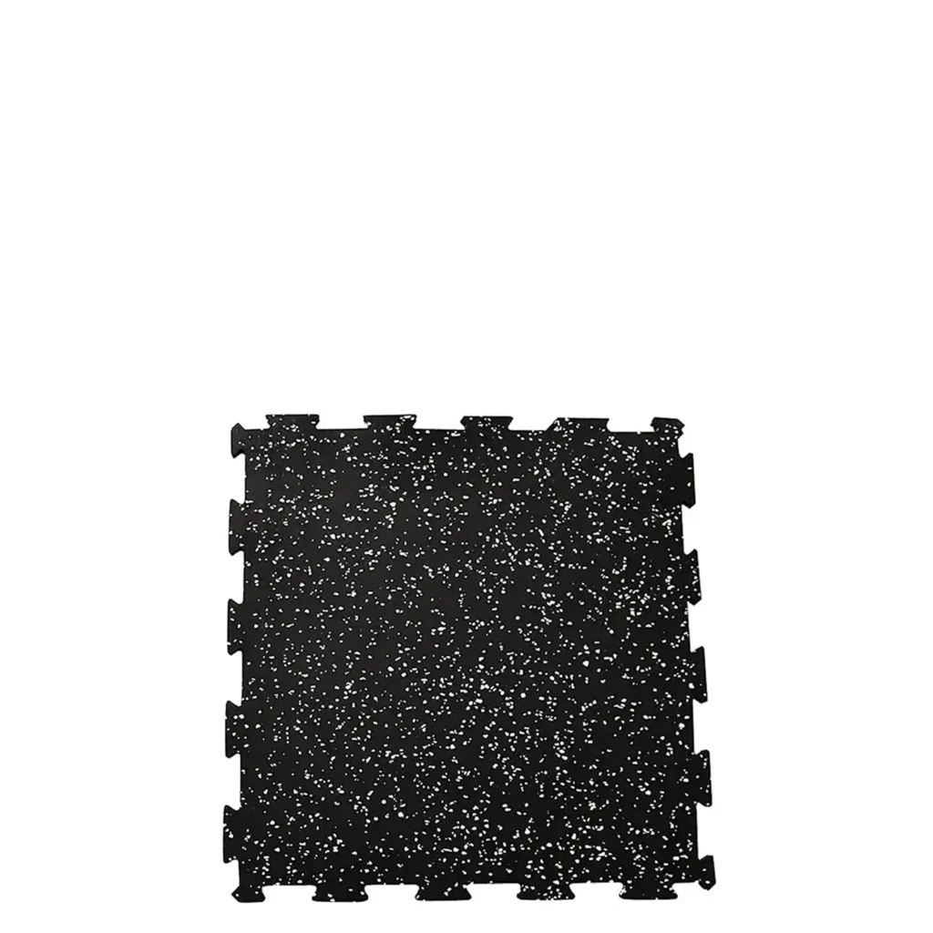A black interlocking rubber gym mat with white speckles designed for commercial gym flooring. The mat features puzzle-like edges for a secure connection, providing a cushioned and slip-resistant surface ideal for weight training and fitness spaces.