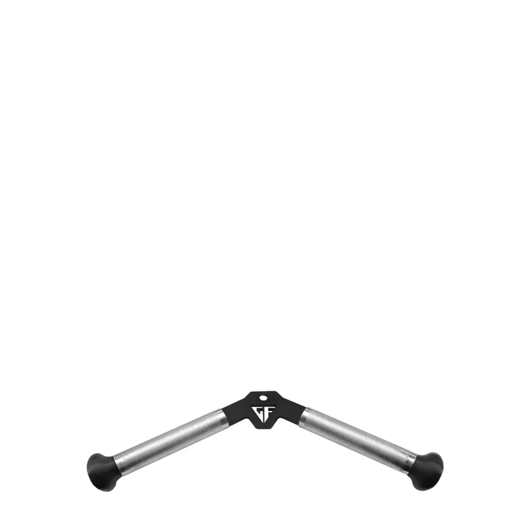 Black equipment for weight training, angled grip handle with two extended cylindrical grips, and a durable steel frame. This attachment is ideal for performing lat pulldowns, rows, and other resistance exercises, ensuring stability and control during workouts.