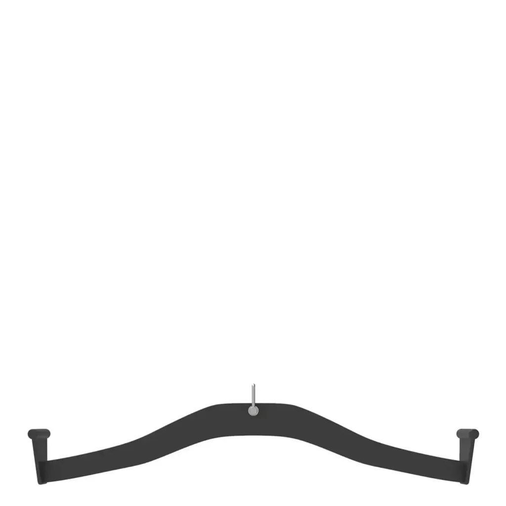 A black piece of equipment for weight training, an arched lat pulldown bar with a smooth ergonomic curve and wide grip handles. This durable steel attachment is designed for cable machines, providing a comfortable and secure hold for lat pulldowns and improving back and shoulder strength through controlled movements.