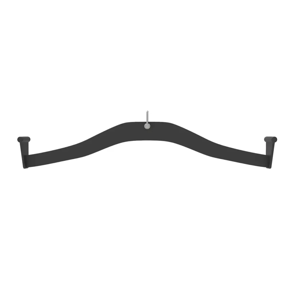 A black piece of equipment for weight training, an arched lat pulldown bar with a smooth ergonomic curve and wide grip handles. This durable steel attachment is designed for cable machines, providing a comfortable and secure hold for lat pulldowns and improving back and shoulder strength through controlled movements.