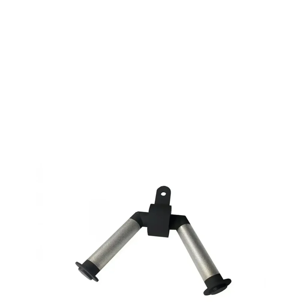 Heavy-duty equipment for weight training dual-grip attachment with a central rotating joint. Featuring textured silver handles and a black steel body, this handle is ideal for seated rows and lat pulldowns, offering stability and a secure grip during strength training.