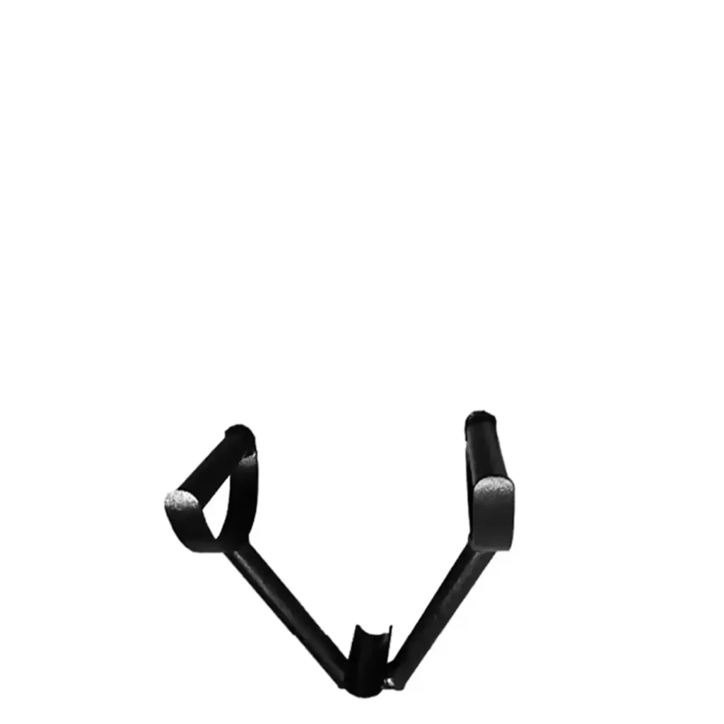 V-shaped equipment for weight training dual-grip handles with a black steel frame and angled grips. This attachment is designed for cable machines, offering a secure grip for exercises like lat pulldowns and seated rows. The ergonomic handle design enhances control and comfort for strength training.