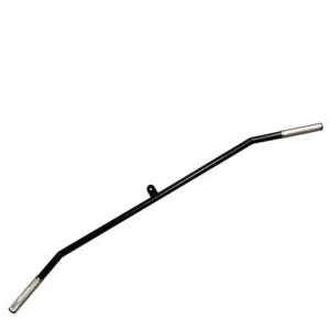 A black piece of equipment for weight training lat pulldown bar with angled ends and knurled silver grips. Designed for cable machines, this bar features a central attachment point for balanced resistance and an ergonomic design to target the back, shoulders, and arms during strength training exercises.