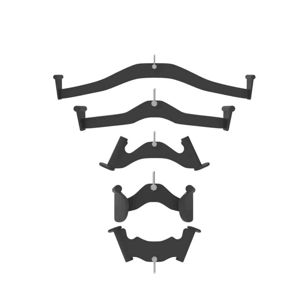 A set of equipment for weight training lat pulldown handles in various designs, suspended on a metal rod. Each handle has durable steel with ergonomic grips, designed for different grip positions to enhance back and upper body exercises.