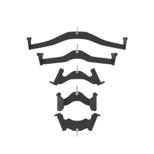 A set of equipment for weight training lat pulldown handles in various designs, suspended on a metal rod. Each handle has durable steel with ergonomic grips, designed for different grip positions to enhance back and upper body exercises.