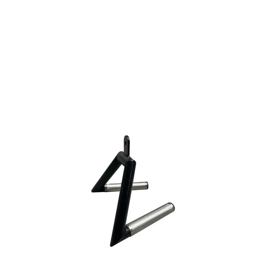 A V-shaped equipment for weight training handle attachment with a black steel frame and silver knurled grips. This row handle is designed for cable machines to target the back, shoulders, and arms, ensuring a firm and controlled grip during pulling exercises.