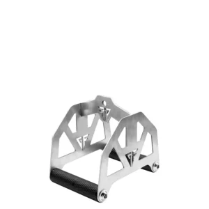 A V-shaped equipment for weight training handle attachment with a black steel frame and silver knurled grips. This row handle is designed for cable machines to target the back, shoulders, and arms, ensuring a firm and controlled grip during pulling exercises.