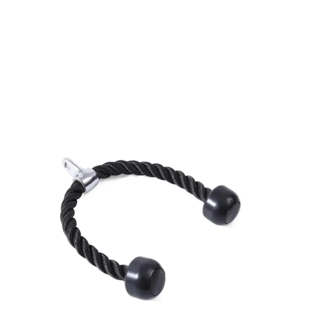 A black piece of equipment for weight training tricep rope attachment with a durable braided design and rubber end caps. The rope is connected to a metal clip for secure attachment to cable machines, allowing for exercises like tricep pushdowns, face pulls, and bicep curls. The thick rope provides a comfortable grip and enhances workout efficiency.