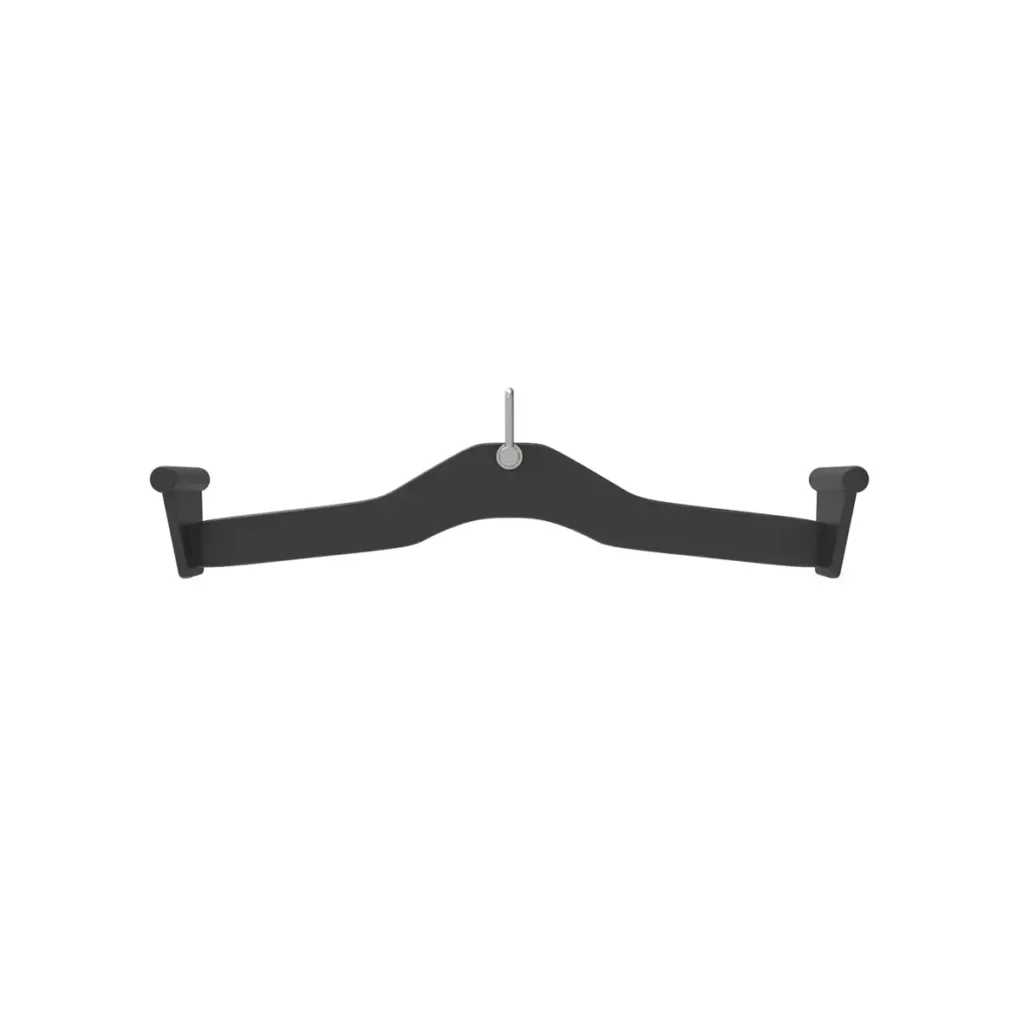 A black piece of equipment for weight training, a wide lat pulldown bar with an ergonomic design, and angled grips. This durable steel attachment is designed for cable machines, offering a comfortable and secure grip for lat pulldowns and other upper-body exercises, helping to improve back and shoulder strength.