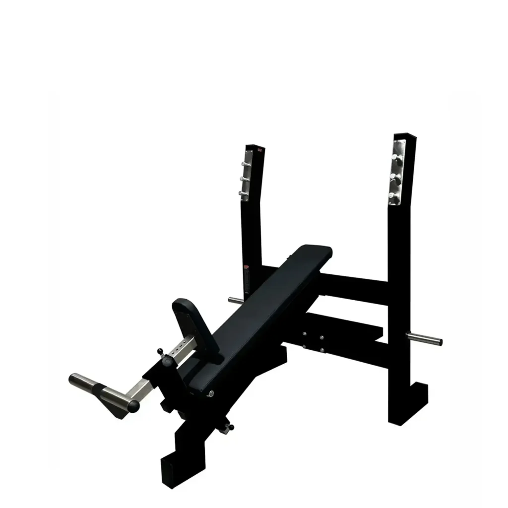View of an incline bench press built with a strong steel frame, adjustable seat, and foot placement for added support. This gym equipment for chest is perfect for improving upper body strength and muscle growth.