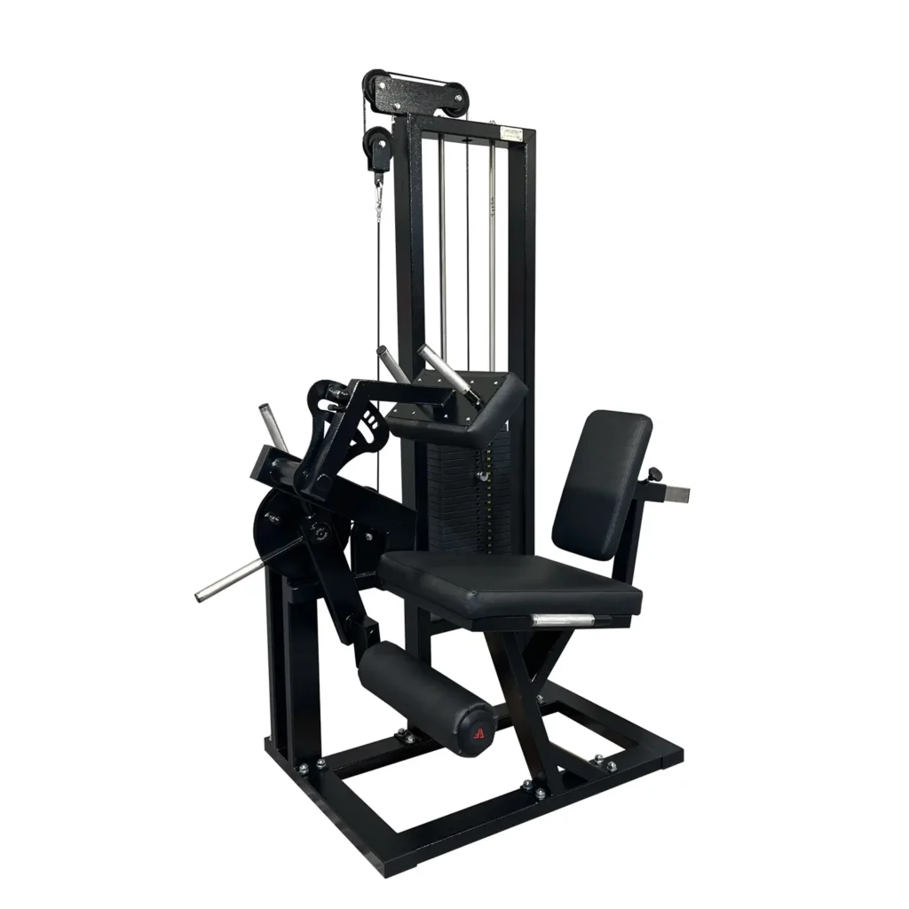 A heavy-duty leg extension and leg curl gym machine with a strong metal frame and a weight stack for progressive resistance. The well-padded seat and ergonomic leg rollers provide support, ensuring a safe and effective leg workout.
