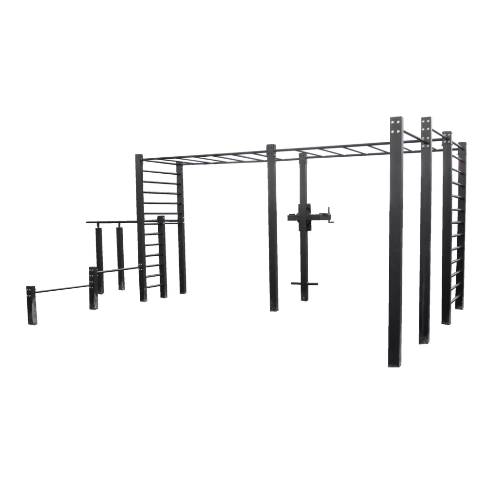 Strength-training exercises setup features outdoor fitness equipment with a large power rack, monkey bars, vertical ladders, and parallel bars designed for bodyweight workouts like pull-ups, dips, and calisthenics routines.