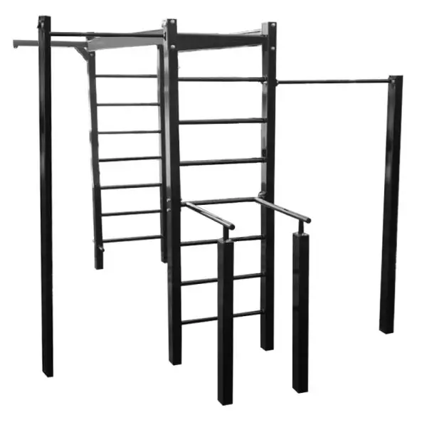 Strength-training exercises frame system with outdoor fitness equipment, including monkey bars, vertical ladders, and dip stations, perfect for upper body strength workouts and calisthenics training.