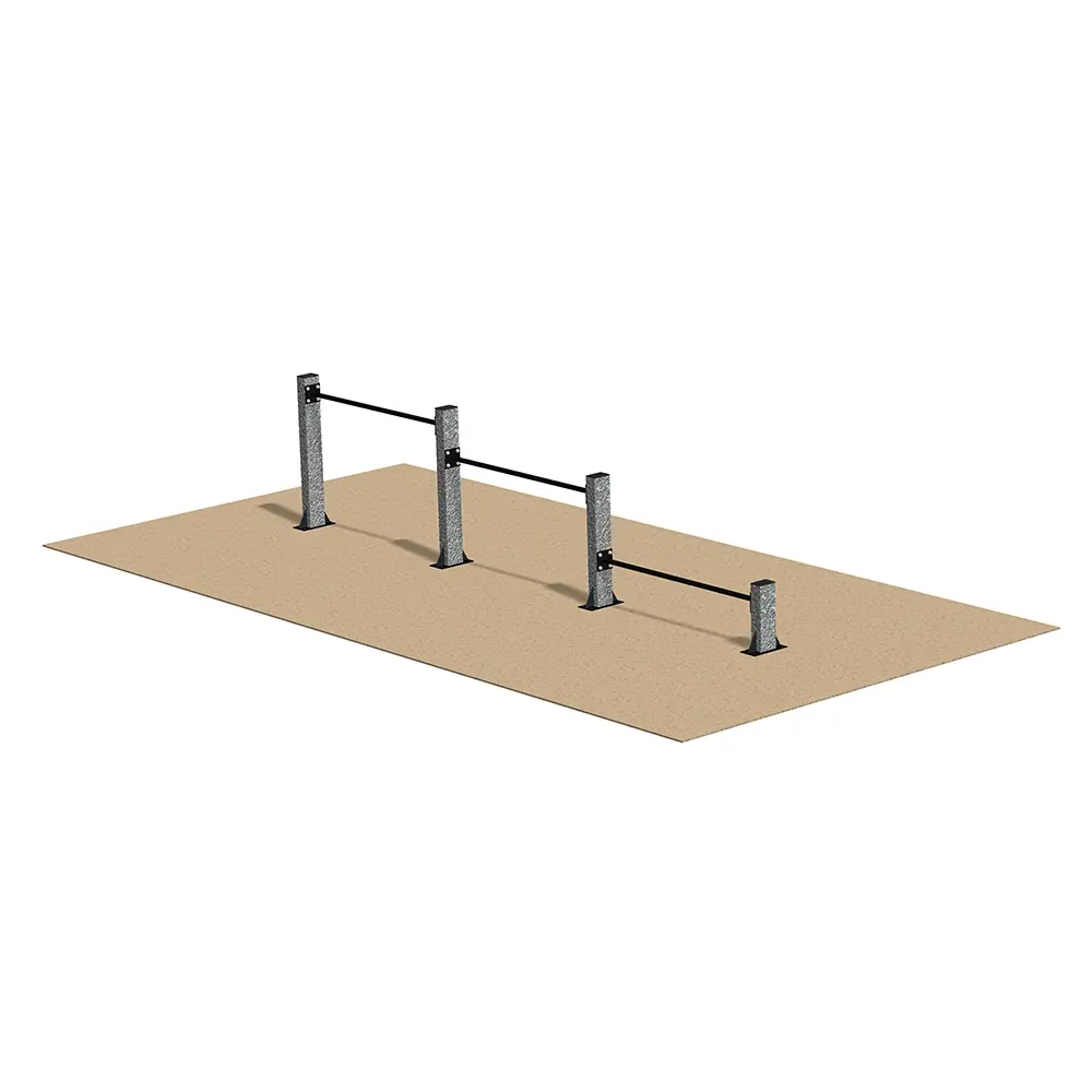 Strength-training exercise equipment with three horizontal bars installed at varying heights, supported by metal posts, designed for outdoor bodyweight training, includes pull-ups, dips, and functional fitness workouts.