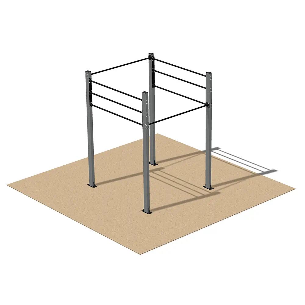 Strength-training exercises horizontal bar station with three adjustable bar levels, supported by four vertical metal posts on an outdoor surface, ideal for calisthenics, upper body strength training, and core workouts.
