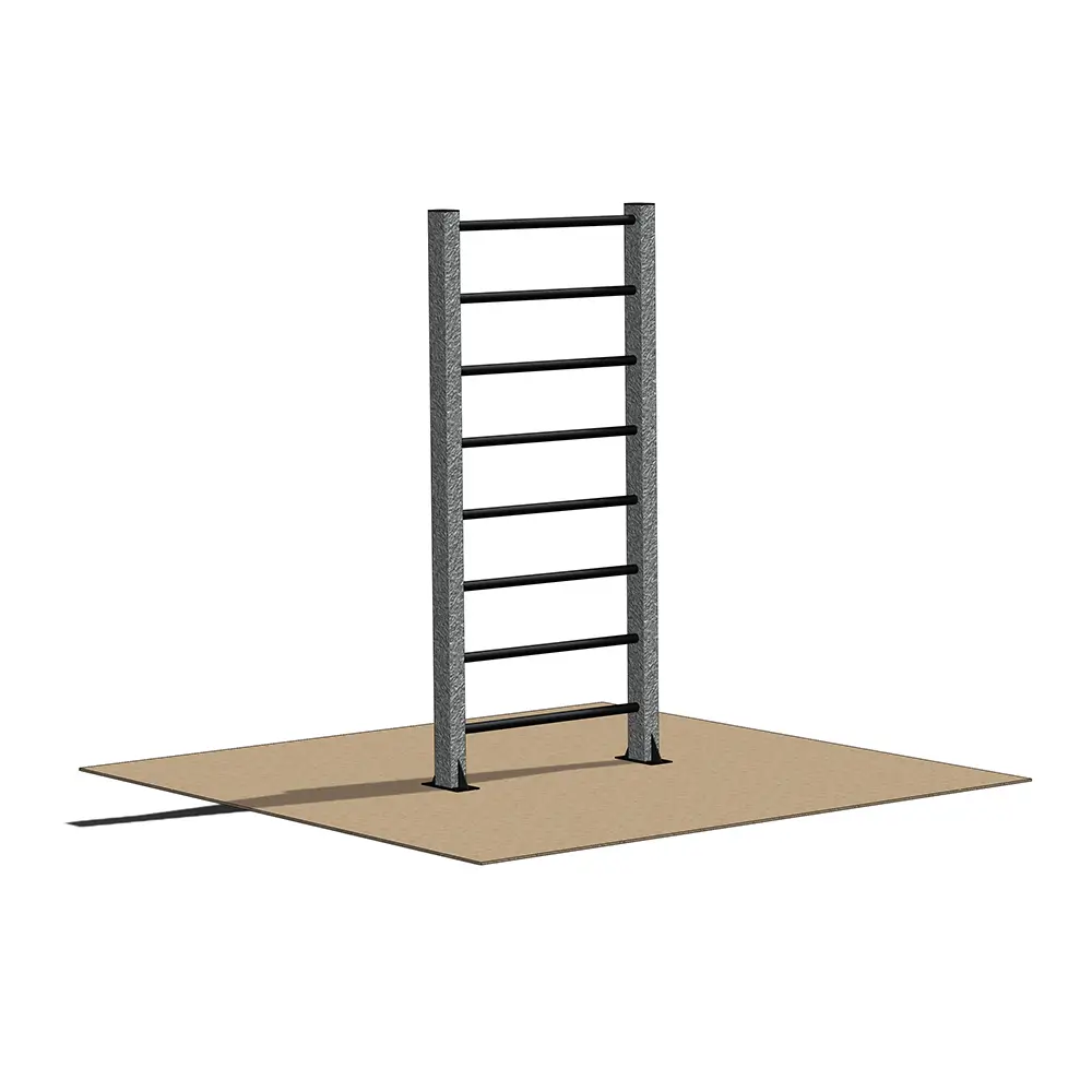 Strength-training exercises ladder frame with evenly spaced horizontal rungs, supported by two vertical metal posts, designed for outdoor fitness activities such as climbing, hanging core exercises, and upper body strength training.