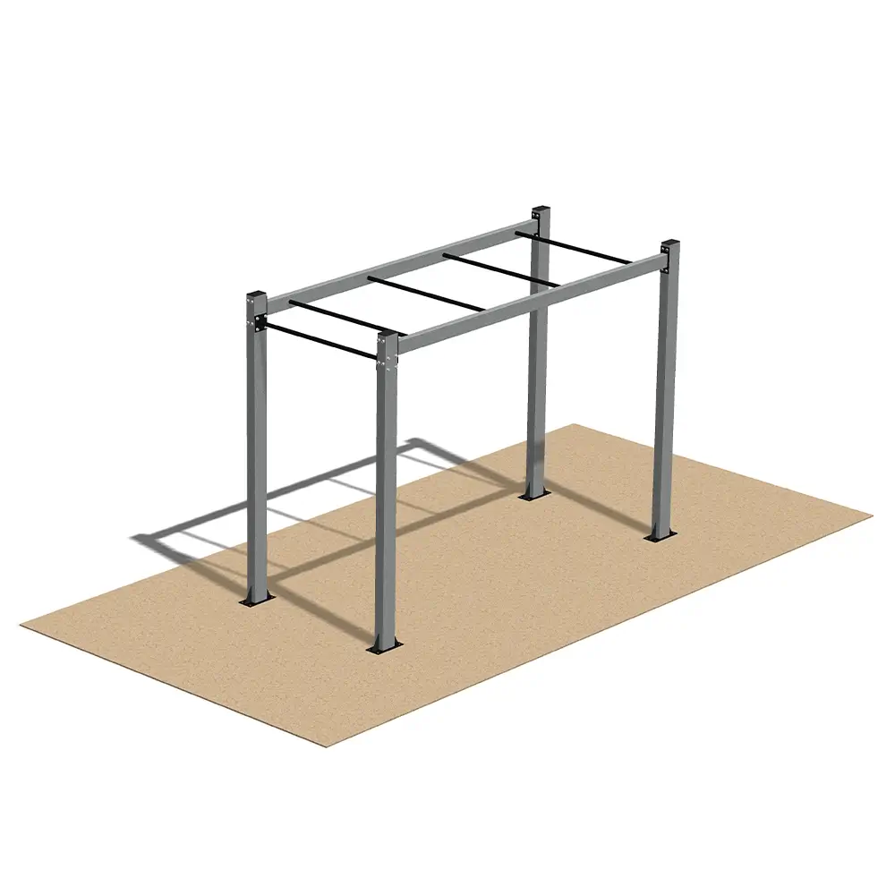Strength-Training Exercises on outdoor monkey bars made of sturdy steel, featuring multiple horizontal bars for upper body workouts like pull-ups and hanging leg raises, installed on a sandy base.