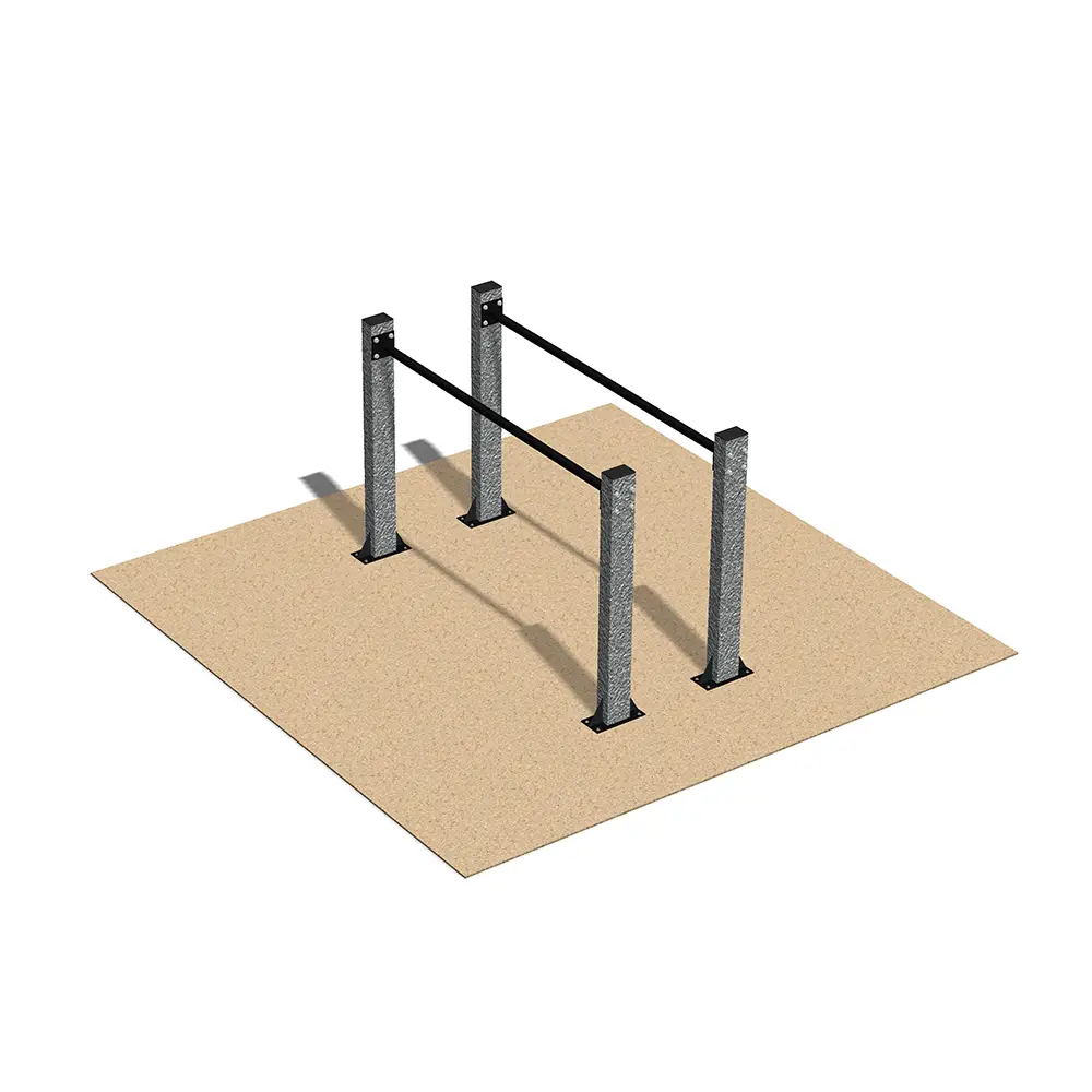 Strength-training exercises equipment features two parallel bars supported by four sturdy vertical posts, installed on an outdoor surface, ideal for dips, L-sits, and other bodyweight strength training exercises.