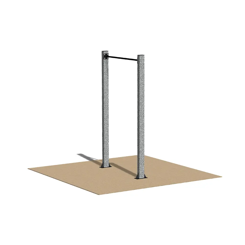 Strength-training exercises equipment with a single pull-up bar supported by two sturdy vertical posts, installed on a flat outdoor surface, perfect for pull-ups, chin-ups, and bodyweight upper body workouts.