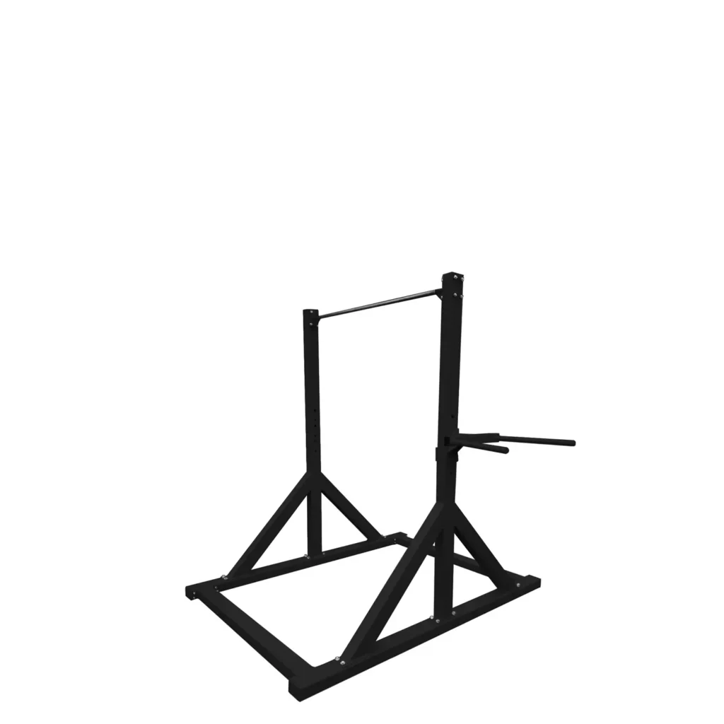 Strength-training exercises rack made of outdoor fitness equipment, featuring a solid steel frame with a pull-up bar and dip station, ideal for bodyweight strength training, calisthenics, and upper body workouts.
