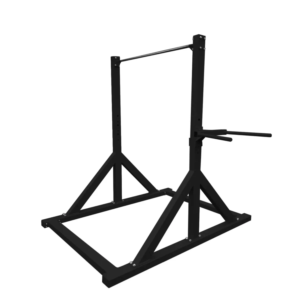 Strength-training exercises rack made of outdoor fitness equipment, featuring a solid steel frame with a pull-up bar and dip station, ideal for bodyweight strength training, calisthenics, and upper body workouts.
