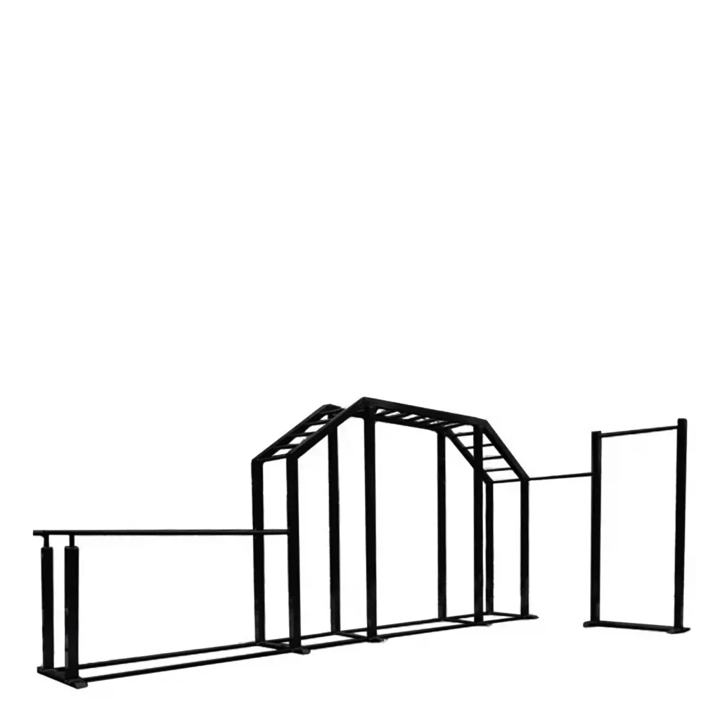 Strength-training exercises rig made of outdoor fitness equipment featuring monkey bars, parallel bars, and a tall pull-up frame, designed for bodyweight training such as pull-ups, dips, and functional fitness workouts.