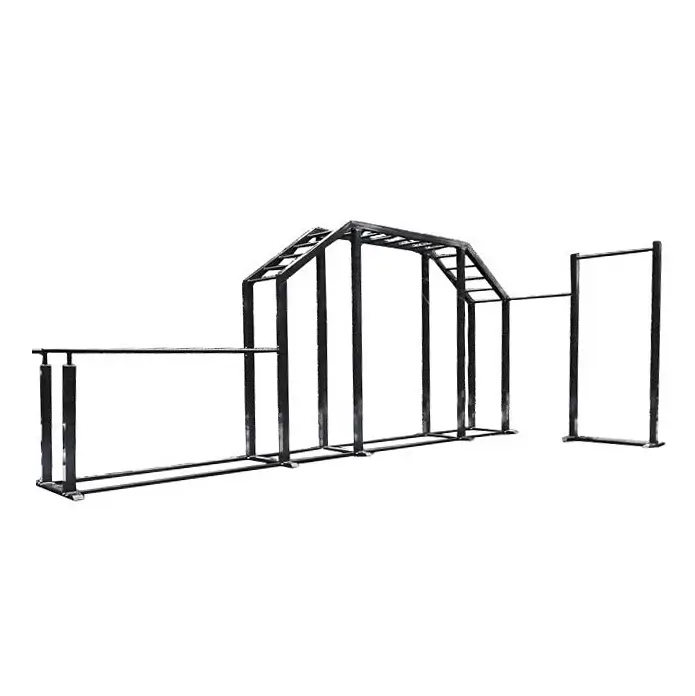 Strength-training exercises rig made of outdoor fitness equipment featuring monkey bars, parallel bars, and a tall pull-up frame, designed for bodyweight training such as pull-ups, dips, and functional fitness workouts.