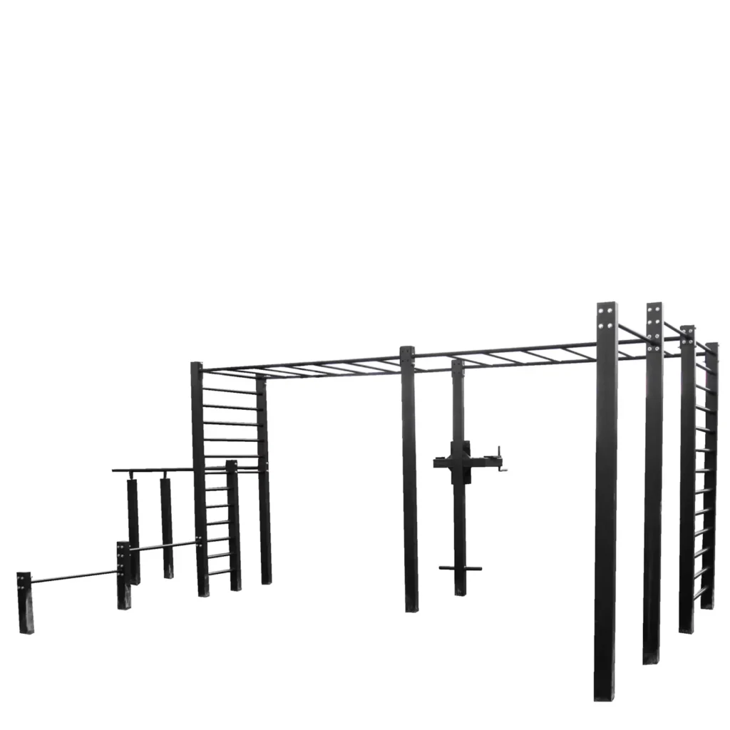 Strength-training exercises setup features outdoor fitness equipment with a large power rack, monkey bars, vertical ladders, and parallel bars designed for bodyweight workouts like pull-ups, dips, and calisthenics routines.