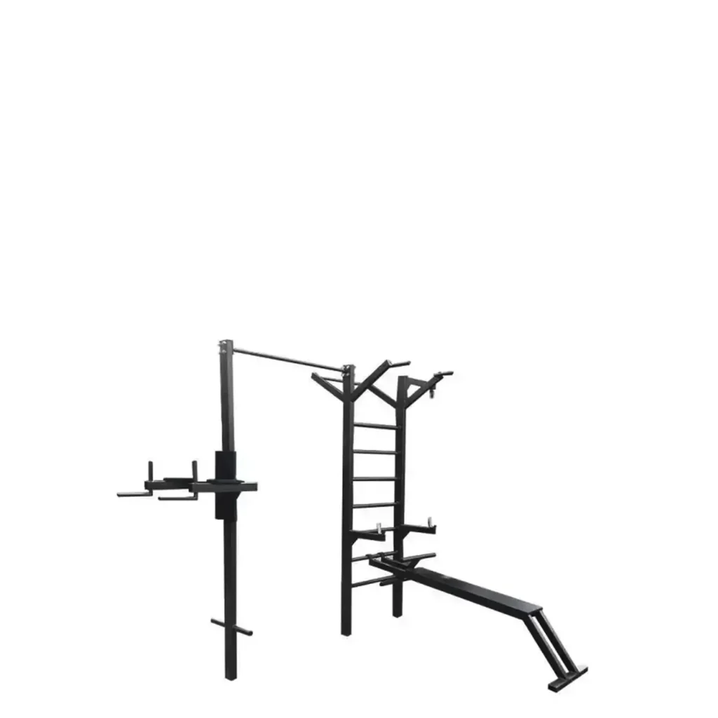Strength-training exercises equipment station with a pull-up bar, dip bars, vertical ladder, and an adjustable incline bench, designed for outdoor bodyweight training, includes dips, pull-ups, and abdominal workouts.