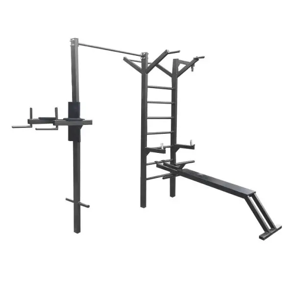 Strength-training exercises equipment station with a pull-up bar, dip bars, vertical ladder, and an adjustable incline bench, designed for outdoor bodyweight training, includes dips, pull-ups, and abdominal workouts.