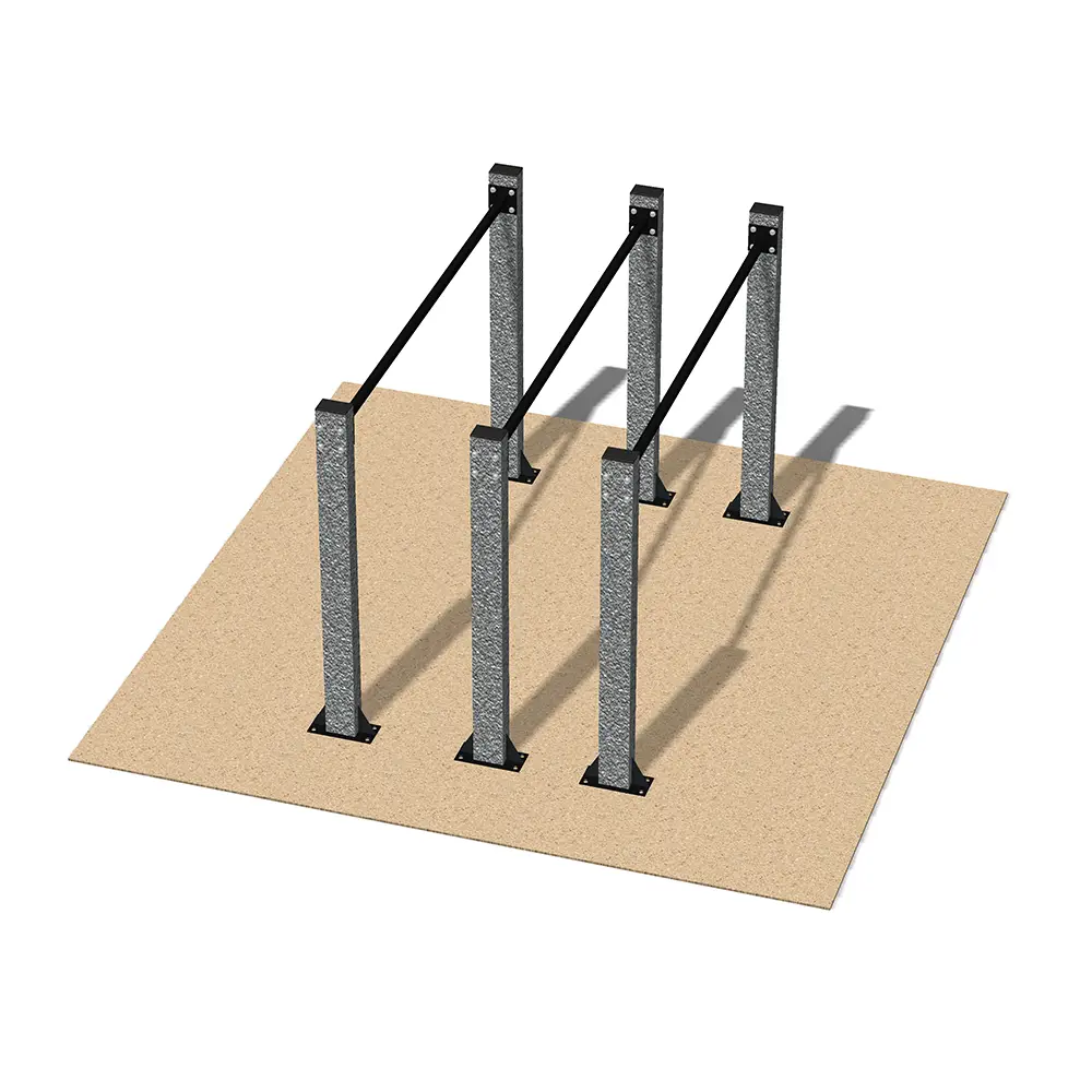 Strength-training exercises equipment features a triple parallel bar frame with metal posts, ideal for calisthenics, upper body strength workouts, and core training exercises in outdoor fitness spaces.