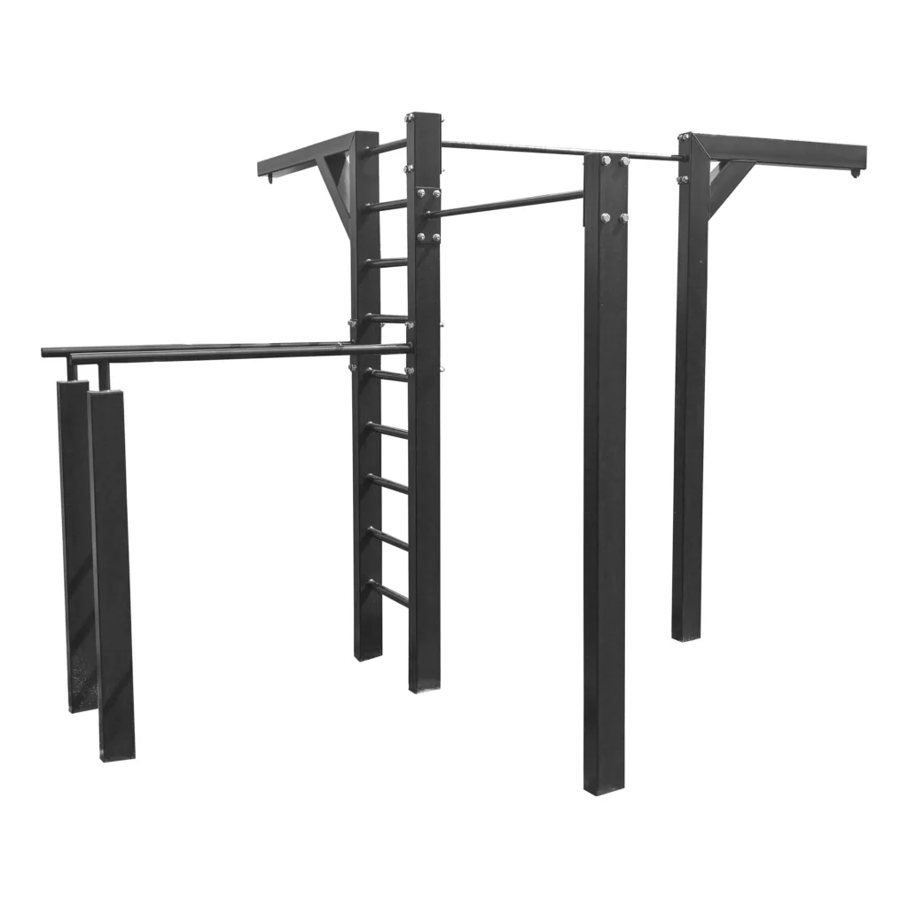 Strength-training exercises workout station with outdoor fitness equipment featuring multiple bars, a ladder, and a stable frame for pull-ups, dips, and various bodyweight exercises.
